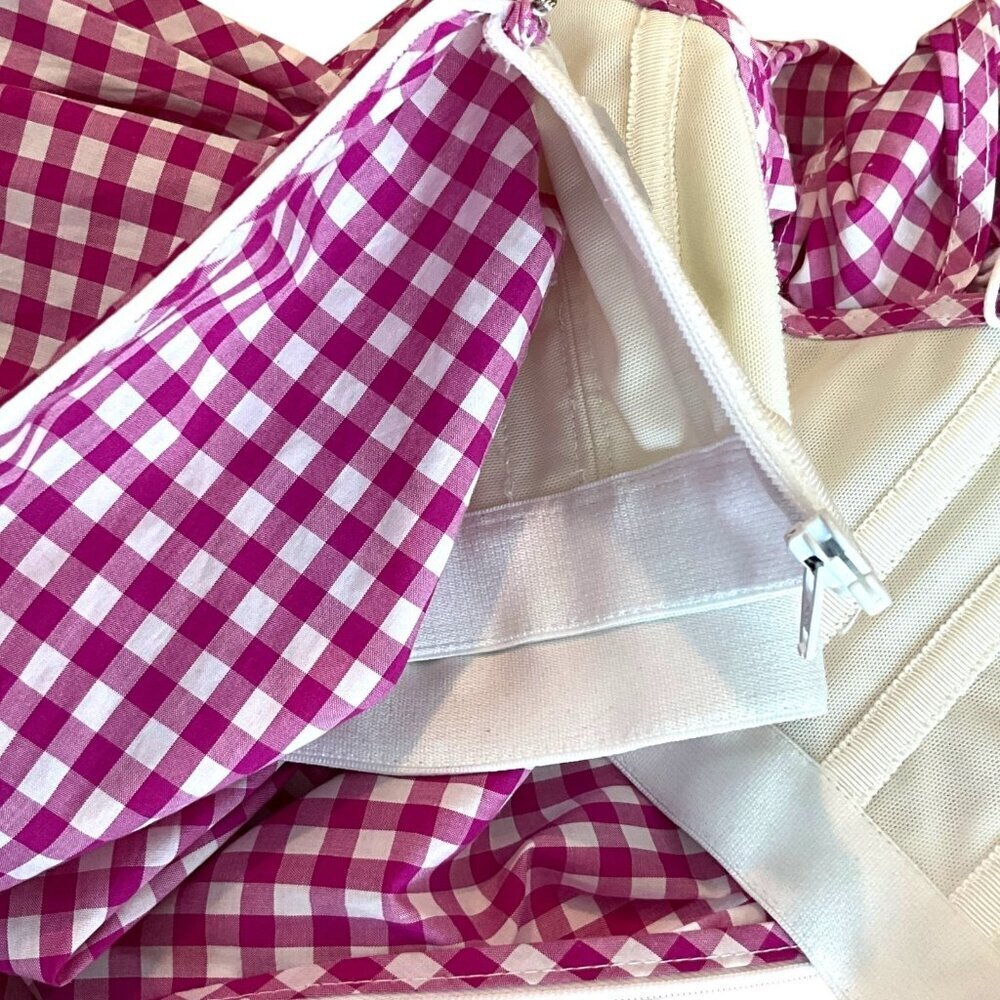 Caroline Constas Pink Gingham Plaid Gabriella Blouse Size XS Off Shoulders - Picture 10 of 11